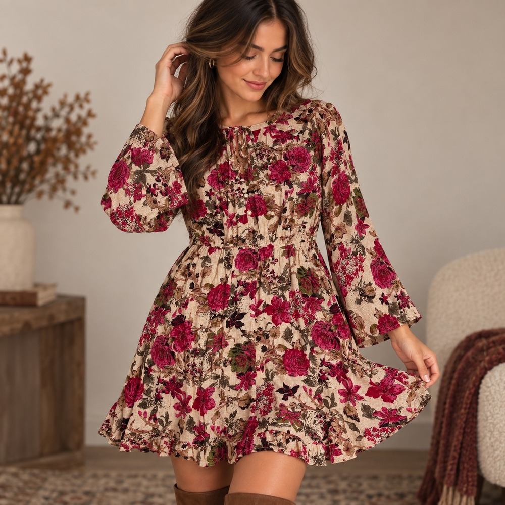 Kori America Floral Boho Cottagecore Bell Sleeve Mini Dress Pink Cream Size M